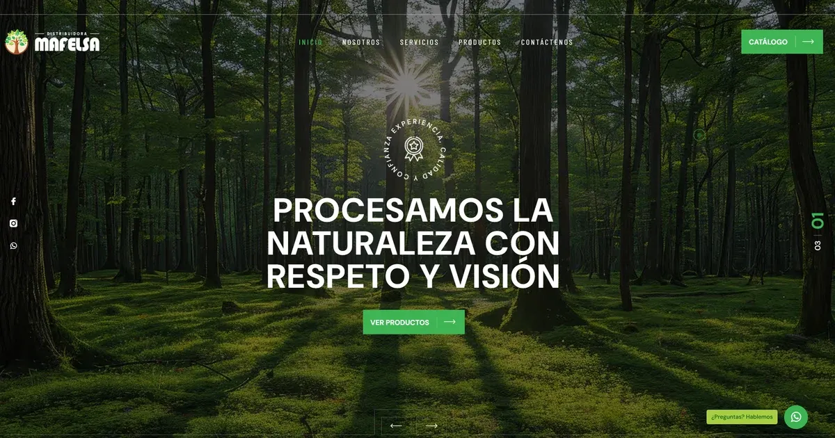 Captura del sitio MAFELSA: sección principal con un bosque y el lema ‘Procesamos la naturaleza con respeto y visión’