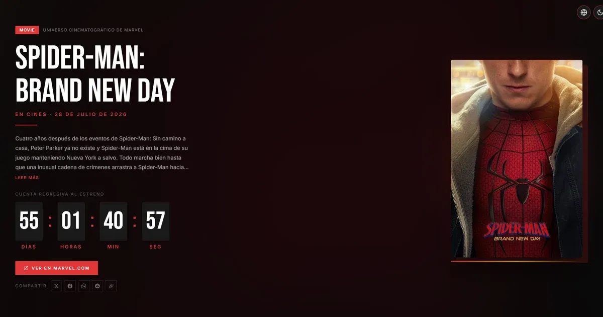 Captura de la web Next Marvel Movie: portada de Spider-Man con la cuenta regresiva al estreno y el póster