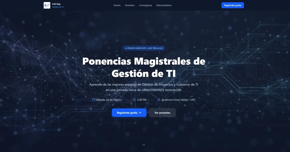 Captura de la landing de Full Day Gestión de TI: sección principal con el título del evento, la fecha y los botones de registro